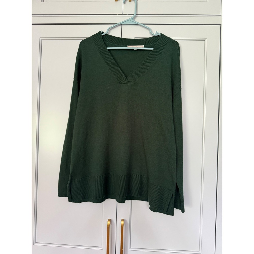 LOFT Womens Dark Green V-Neck Sweater Long Sleeve Side Slit Knit Top‎ Size M